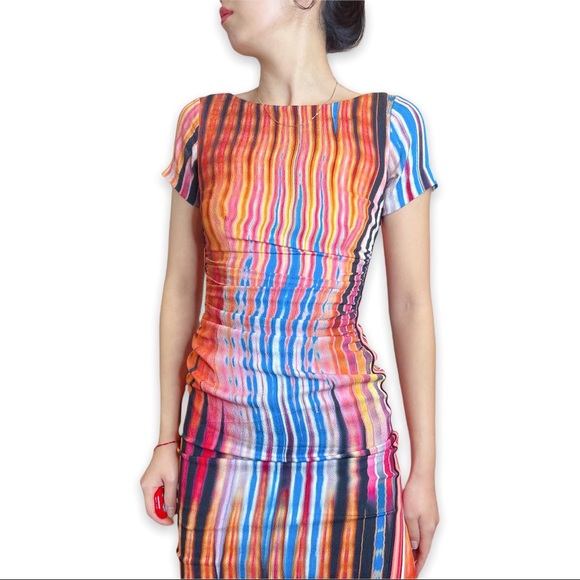 TracyReese Artsy Multicolor Stripe Psychedelic Print Ruched Bodycon Silk dress 0 - Picture 7 of 16